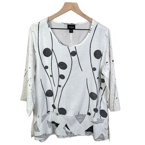 Toofan Women Crewneck Blouse Medium Wearable Art Patchwork Loose Fit Side Split